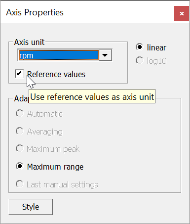 Fig. 1: Dialog Axis properties of the X axis with the option reference values activated
