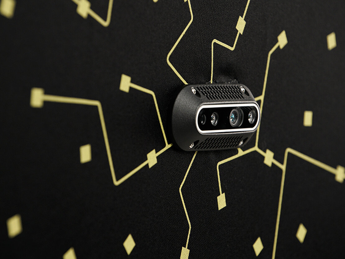 detail of soundcam octagon with integrated intel realsense depth camera