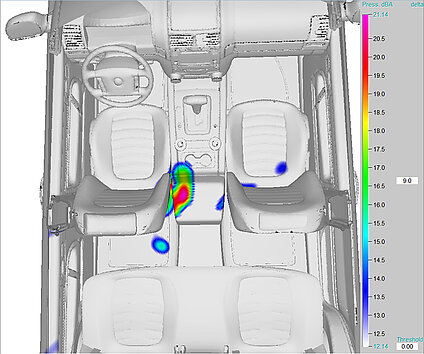 Abb. 2: Die zweite Schallquelle wurde unter dem Sitz lokalisiert acoustic-camera-interior-measurement-photo3d-vw-tiguan-02