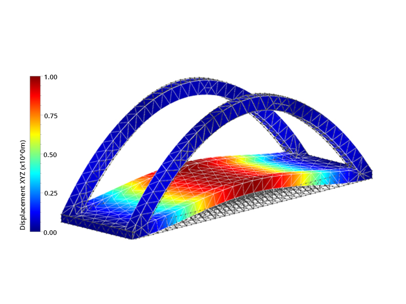 Figure 2-2: Visualization of the normalized vibration modes at 4.4 Hz of the bridge model. The black grid represents the undeformed structure.