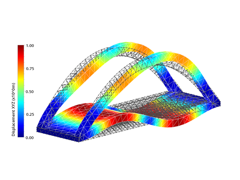 Figure 2-3: Visualization of the normalized vibration modes at 6.4 Hz of the bridge model. The black grid represents the undeformed structure.