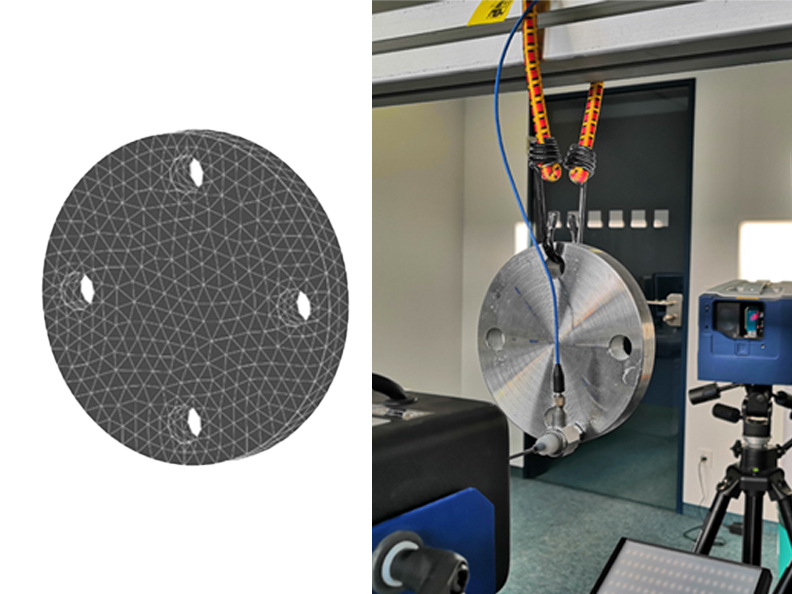 Figure 1: FE model of the blind flange consisting of over 4000 elements (left), experimental setup of the EMA (right). Wideband excitation of the structure by a modal shaker. Acquisition of the system responses by means of LSV.