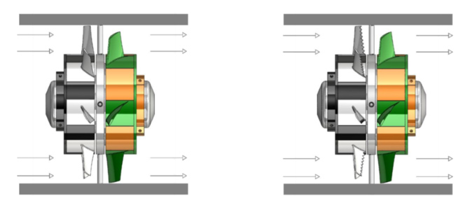 Geprüfte Konstruktionsstudien, Probe 1 mit "Standard"-Lamellen für Rotor A und B (links) und Probe 2 mit Verzahnung an der Hinterkante am Rotor A (rechts) 