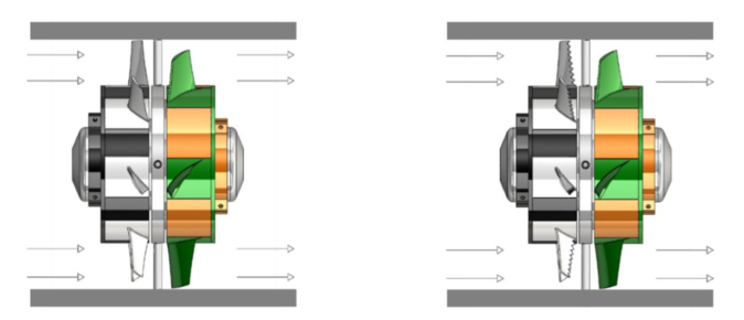 Design studies under examination, Sample 1 with “standard” vanes for rotor A and B (left) and Sample 2 with serrations at the trailing edge at rotor A (right) 