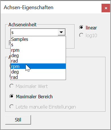 Abb. 2: Dialog Achsen-Eigenschaften mit geöffneter Liste der Einheiten der Referenzkanäle, X-Achse