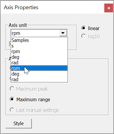 Fig. 2: Dialog Axis properties of the X axis with open list of the reference values' units